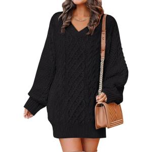 image:imageANRABESS Womens Long Sleeve V Neck Oversized Cable Knit Mini Sweater Dresses 2025 Winter Fall Trendy Pullover Tunic Outfits Black XLarge
