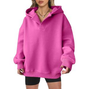 image:imageANRABESS Womens Oversized Hoodies V Neck Sweatshirts Fleece Long Sleeve Pullover Y2K Clothes 2025 Fall Trendy OutfitsHot Pink