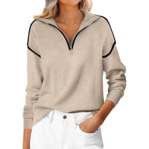 image:imageANRABESS Womens Quarter Zip Sweaters Fall Long Sleeve V Neck Shirts Collared Business Casual Tops Knit Pullover SweatshirtsAlmond
