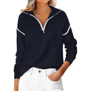 image:imageANRABESS Womens Quarter Zip Sweaters Fall Long Sleeve V Neck Shirts Collared Business Casual Tops Knit Pullover SweatshirtsBlue