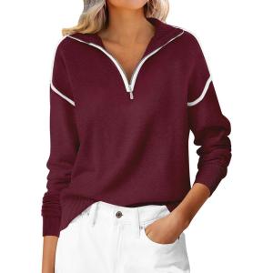 image:imageANRABESS Womens Quarter Zip Sweaters Fall Long Sleeve V Neck Shirts Collared Business Casual Tops Knit Pullover SweatshirtsBurgund