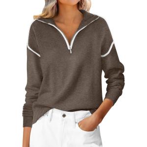 image:imageANRABESS Womens Quarter Zip Sweaters Fall Long Sleeve V Neck Shirts Collared Business Casual Tops Knit Pullover SweatshirtsCoffee