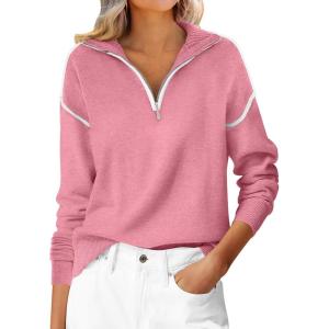 image:imageANRABESS Womens Quarter Zip Sweaters Fall Long Sleeve V Neck Shirts Collared Business Casual Tops Knit Pullover SweatshirtsCoral Pink