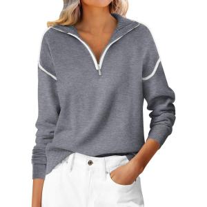 image:imageANRABESS Womens Quarter Zip Sweaters Fall Long Sleeve V Neck Shirts Collared Business Casual Tops Knit Pullover SweatshirtsDark Grey