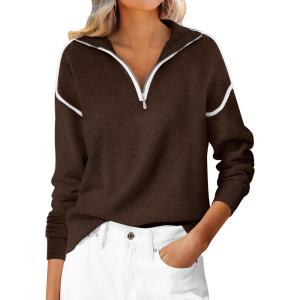 image:imageANRABESS Womens Quarter Zip Sweaters Fall Long Sleeve V Neck Shirts Collared Business Casual Tops Knit Pullover SweatshirtsDeep Coffee
