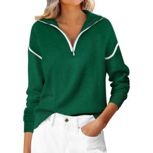 image:imageANRABESS Womens Quarter Zip Sweaters Fall Long Sleeve V Neck Shirts Collared Business Casual Tops Knit Pullover SweatshirtsForest Green