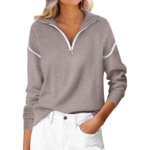 image:imageANRABESS Womens Quarter Zip Sweaters Fall Long Sleeve V Neck Shirts Collared Business Casual Tops Knit Pullover SweatshirtsGrey Khaki