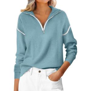 image:imageANRABESS Womens Quarter Zip Sweaters Fall Long Sleeve V Neck Shirts Collared Business Casual Tops Knit Pullover SweatshirtsLight Blue