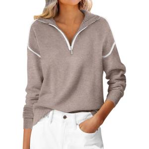 image:imageANRABESS Womens Quarter Zip Sweaters Fall Long Sleeve V Neck Shirts Collared Business Casual Tops Knit Pullover SweatshirtsLight Khkai