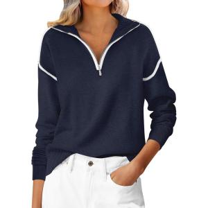 image:imageANRABESS Womens Quarter Zip Sweaters Fall Long Sleeve V Neck Shirts Collared Business Casual Tops Knit Pullover SweatshirtsNavy Blue
