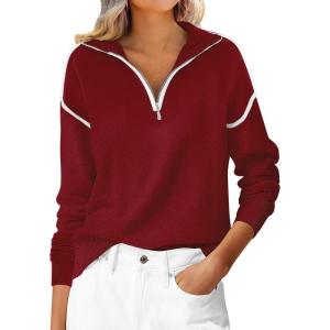 image:imageANRABESS Womens Quarter Zip Sweaters Fall Long Sleeve V Neck Shirts Collared Business Casual Tops Knit Pullover SweatshirtsRed