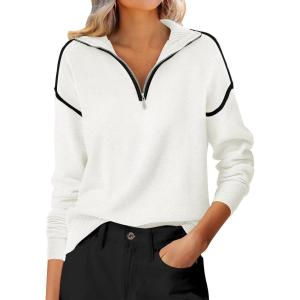image:imageANRABESS Womens Quarter Zip Sweaters Fall Long Sleeve V Neck Shirts Collared Business Casual Tops Knit Pullover SweatshirtsWhite