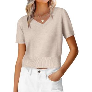 image:imageANRABESS Womens Short Sleeve Sweaters Cropped V Neck Business Casual Lightweight Sweater Tops Summer Spring Clothes 2026Almond