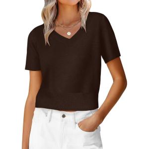 image:imageANRABESS Womens Short Sleeve Sweaters Cropped V Neck Business Casual Lightweight Sweater Tops Summer Spring Clothes 2026Coffee