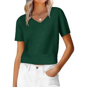 image:imageANRABESS Womens Short Sleeve Sweaters Cropped V Neck Business Casual Lightweight Sweater Tops Summer Spring Clothes 2026Forest Green