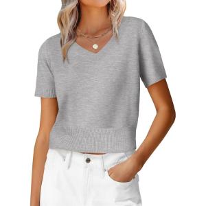 image:imageANRABESS Womens Short Sleeve Sweaters Cropped V Neck Business Casual Lightweight Sweater Tops Summer Spring Clothes 2026Grey