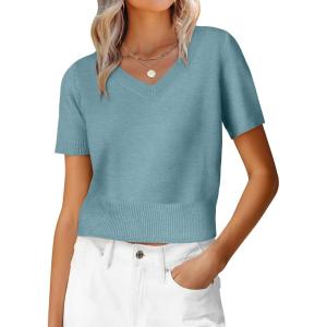 image:imageANRABESS Womens Short Sleeve Sweaters Cropped V Neck Business Casual Lightweight Sweater Tops Summer Spring Clothes 2026Light Blue