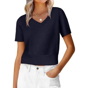 image:imageANRABESS Womens Short Sleeve Sweaters Cropped V Neck Business Casual Lightweight Sweater Tops Summer Spring Clothes 2026Navy Blue