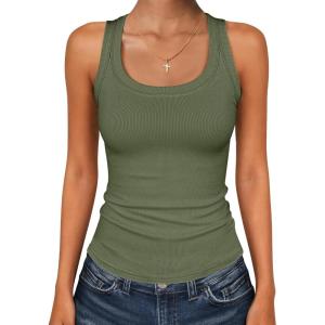image:imageANRABESS Womens Sleeveless Square Neck Tank Tops Summer Racerback Workout Top Ribbed Knit Slim Fit Basic 2026 Casual ClothesArmy Green