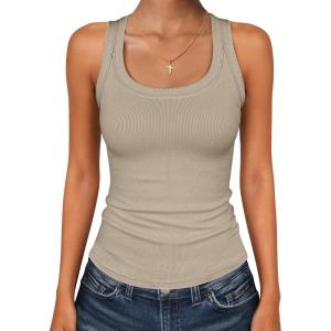 image:imageANRABESS Womens Sleeveless Square Neck Tank Tops Summer Racerback Workout Top Ribbed Knit Slim Fit Basic 2026 Casual ClothesLight Khaki