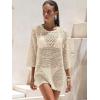image:imageANRABESS Women 34 Sleeve Swimsuit Cover Up 2026 Summer Beach Vacation Clothes Crochet Knit Bathing Suit Swimwear Mini DressBeige