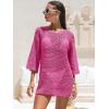 image:imageANRABESS Women 34 Sleeve Swimsuit Cover Up 2026 Summer Beach Vacation Clothes Crochet Knit Bathing Suit Swimwear Mini DressHot Pink