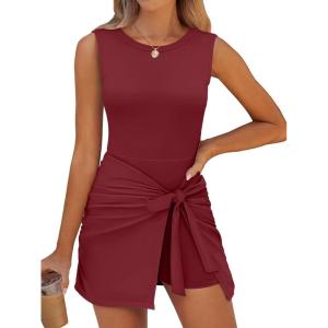 image:imageANRABESS Women Summer Sleeveless Bodycon Tie Waist Romper Skort Mini Tennis Athletic Dress Built Shorts Casual Vacation DressDeep Red