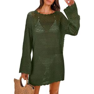 image:imageANRABESS Women Swimsuit Crochet Swim Cover Up 2026 Summer Bathing Suit Swimwear Mesh Knit Beach Dress Vacation OutfitsArmy Green