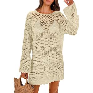 image:imageANRABESS Women Swimsuit Crochet Swim Cover Up 2026 Summer Bathing Suit Swimwear Mesh Knit Beach Dress Vacation OutfitsBeige