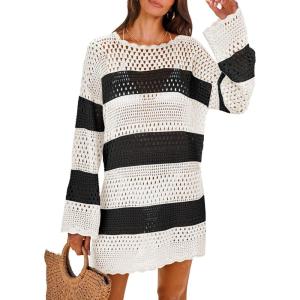 image:imageANRABESS Women Swimsuit Crochet Swim Cover Up 2026 Summer Bathing Suit Swimwear Mesh Knit Beach Dress Vacation OutfitsBlack White Stripe