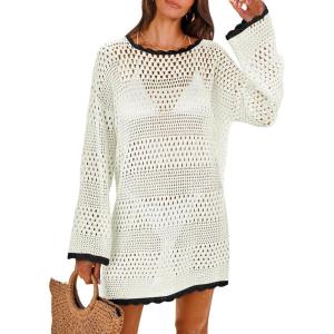 image:imageANRABESS Women Swimsuit Crochet Swim Cover Up 2026 Summer Bathing Suit Swimwear Mesh Knit Beach Dress Vacation OutfitsBlackwhite