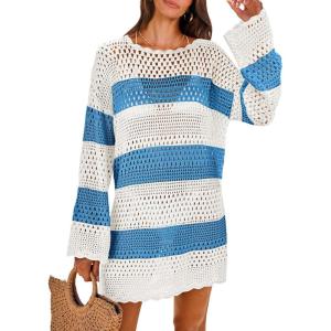 image:imageANRABESS Women Swimsuit Crochet Swim Cover Up 2026 Summer Bathing Suit Swimwear Mesh Knit Beach Dress Vacation OutfitsBluewhite