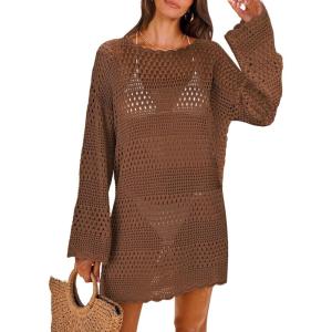 image:imageANRABESS Women Swimsuit Crochet Swim Cover Up 2026 Summer Bathing Suit Swimwear Mesh Knit Beach Dress Vacation OutfitsBrown
