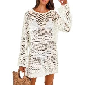 image:imageANRABESS Women Swimsuit Crochet Swim Cover Up 2026 Summer Bathing Suit Swimwear Mesh Knit Beach Dress Vacation OutfitsCream White
