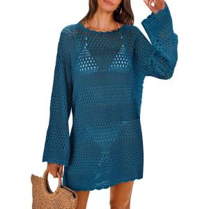 image:imageANRABESS Women Swimsuit Crochet Swim Cover Up 2026 Summer Bathing Suit Swimwear Mesh Knit Beach Dress Vacation OutfitsCyan