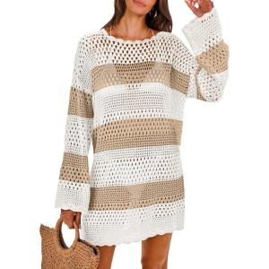 image:imageANRABESS Women Swimsuit Crochet Swim Cover Up 2026 Summer Bathing Suit Swimwear Mesh Knit Beach Dress Vacation OutfitsKhakiwhite