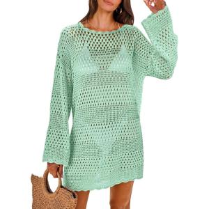 image:imageANRABESS Women Swimsuit Crochet Swim Cover Up 2026 Summer Bathing Suit Swimwear Mesh Knit Beach Dress Vacation OutfitsLight Green