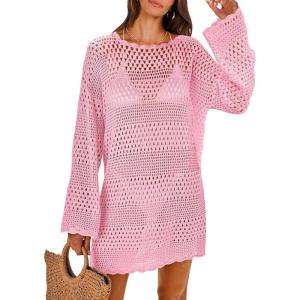 image:imageANRABESS Women Swimsuit Crochet Swim Cover Up 2026 Summer Bathing Suit Swimwear Mesh Knit Beach Dress Vacation OutfitsLight Pink