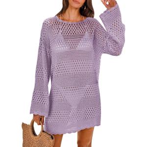 image:imageANRABESS Women Swimsuit Crochet Swim Cover Up 2026 Summer Bathing Suit Swimwear Mesh Knit Beach Dress Vacation OutfitsLight Purple