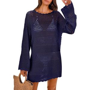 image:imageANRABESS Women Swimsuit Crochet Swim Cover Up 2026 Summer Bathing Suit Swimwear Mesh Knit Beach Dress Vacation OutfitsNavy Blue