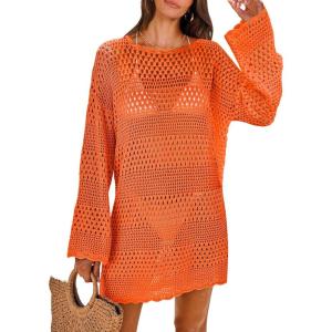 image:imageANRABESS Women Swimsuit Crochet Swim Cover Up 2026 Summer Bathing Suit Swimwear Mesh Knit Beach Dress Vacation OutfitsOrange