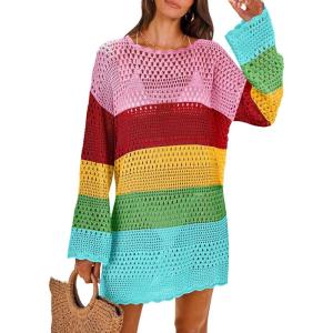 image:imageANRABESS Women Swimsuit Crochet Swim Cover Up 2026 Summer Bathing Suit Swimwear Mesh Knit Beach Dress Vacation OutfitsRainbow Stripe