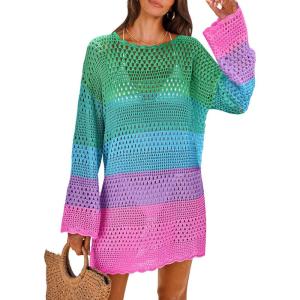 image:imageANRABESS Women Swimsuit Crochet Swim Cover Up 2026 Summer Bathing Suit Swimwear Mesh Knit Beach Dress Vacation OutfitsRainbow Stripe Colorful