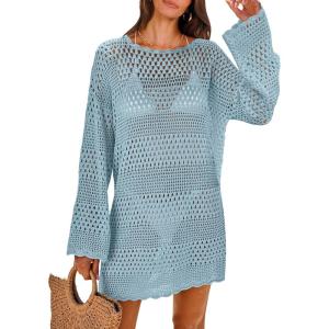 image:imageANRABESS Women Swimsuit Crochet Swim Cover Up 2026 Summer Bathing Suit Swimwear Mesh Knit Beach Dress Vacation OutfitsSky Blue
