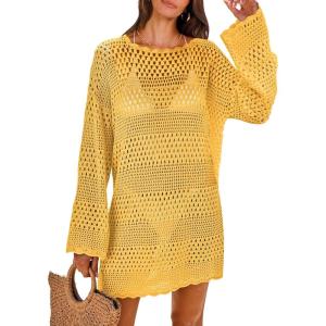 image:imageANRABESS Women Swimsuit Crochet Swim Cover Up 2026 Summer Bathing Suit Swimwear Mesh Knit Beach Dress Vacation OutfitsYellow