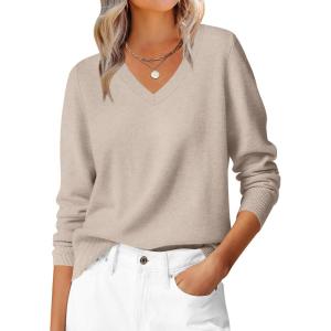 image:imageANRABESS Womens Long Sleeve V Neck Sweaters 2025 Fall Casual Classic Soft Loose Fit Basic Pullover Jumper TopAlmond