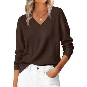 image:imageANRABESS Womens Long Sleeve V Neck Sweaters 2025 Fall Casual Classic Soft Loose Fit Basic Pullover Jumper TopCoffee