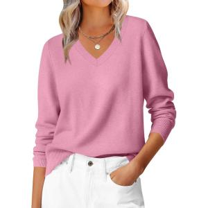 image:imageANRABESS Womens Long Sleeve V Neck Sweaters 2025 Fall Casual Classic Soft Loose Fit Basic Pullover Jumper TopCoral Pink