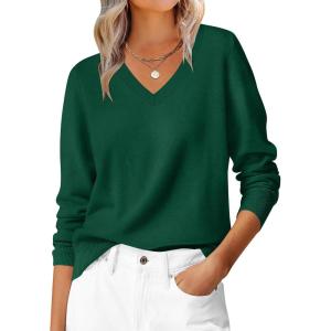 image:imageANRABESS Womens Long Sleeve V Neck Sweaters 2025 Fall Casual Classic Soft Loose Fit Basic Pullover Jumper TopDark Forest Green