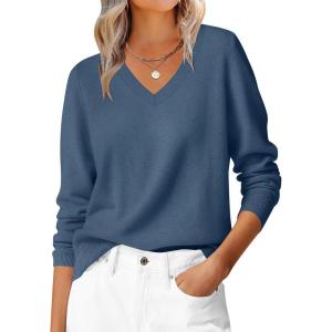image:imageANRABESS Womens Long Sleeve V Neck Sweaters 2025 Fall Casual Classic Soft Loose Fit Basic Pullover Jumper TopDeep Blue
